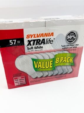 Sylvania Xtra Life 57W Soft White A19 Bulbs Pack of 8 Light New Sealed NOS